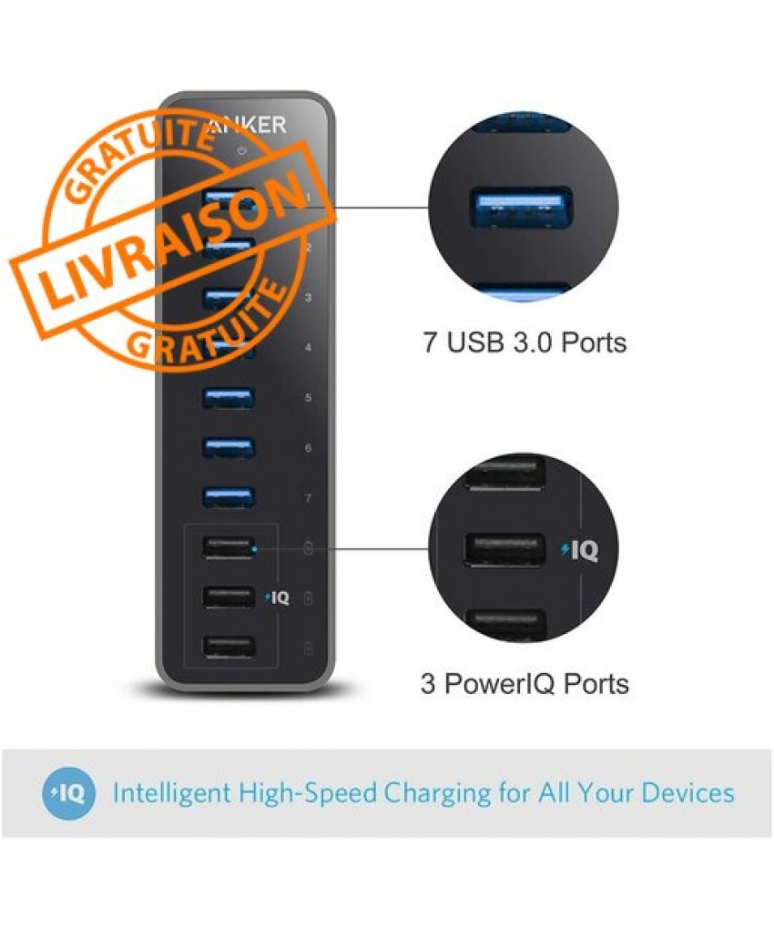 HUB USB 3.0 10 ports avec alimentation